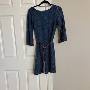 Sharagano Navy Crochet Knit Long Sleeve Dress with Braided Belt